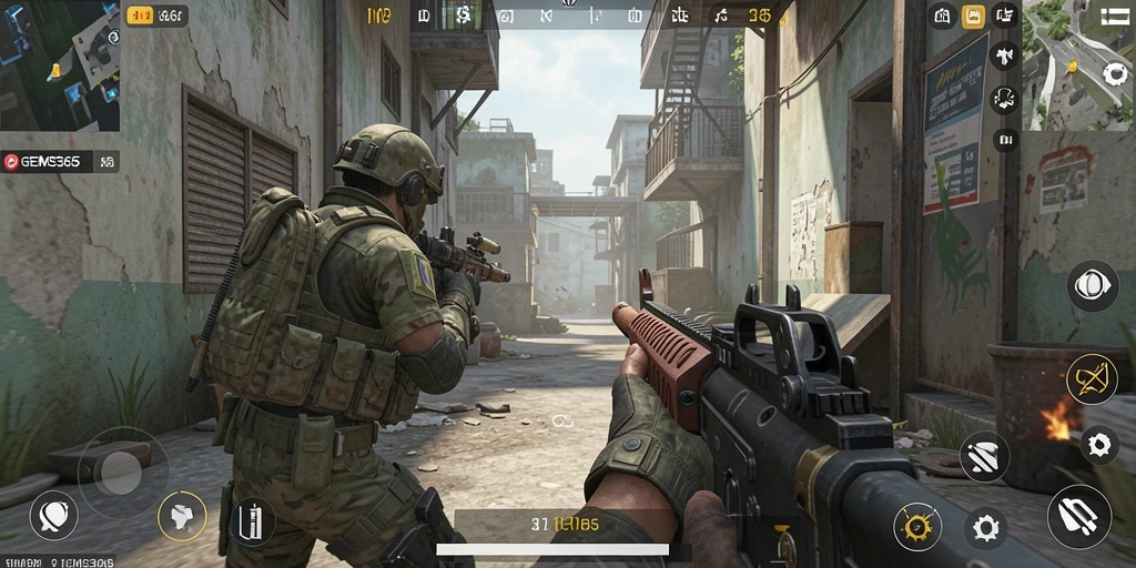 Tangkapan layar GEMS365 menampilkan aksi intens gameplay FPS yang menarik.
