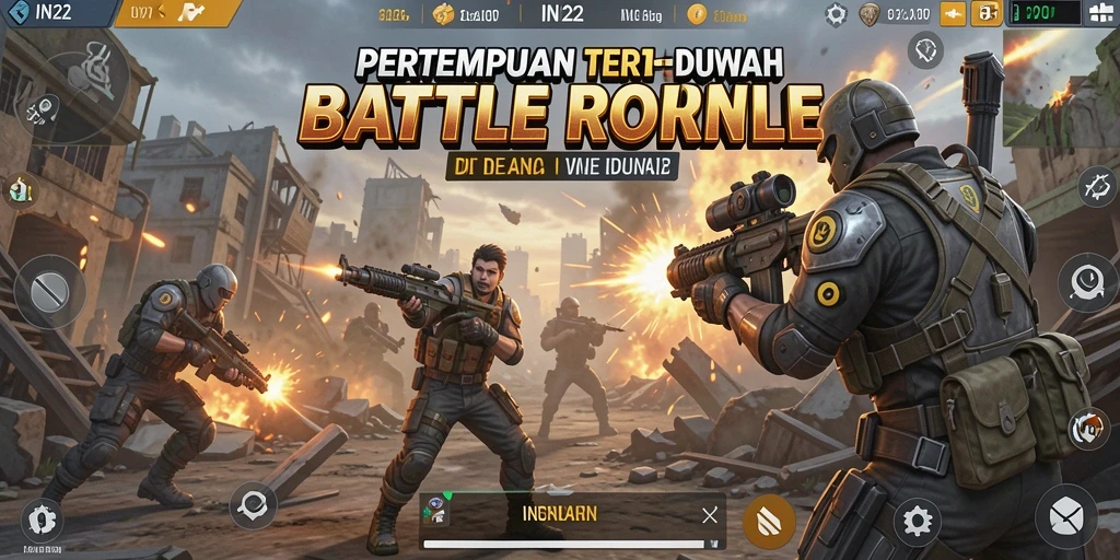 Menampilkan adegan pertempuran seru dalam game Battle Royale IN22.