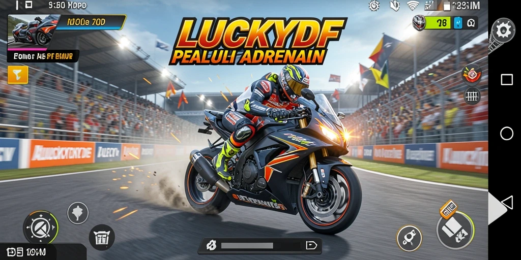 Screenshot gameplay LUCKYDF menampilkan aksi balap motor yang intens.