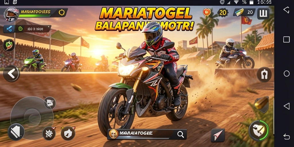 Screenshot MARIATOGEL menampilkan aksi balapan motor yang mendebarkan.