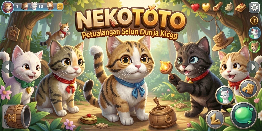 Tampilan gameplay NEKOTOTO dengan kucing-kucing lucu dan aktivitasi menarik.