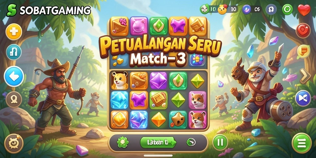 Screenshot gameplay SOBATGAMING dengan permata berwarna-warni dan tantangan menarik.