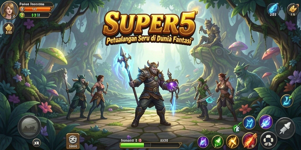 Tangkapan layar utama SUPER5 menampilkan gameplay fantastis di dunia petualangan.