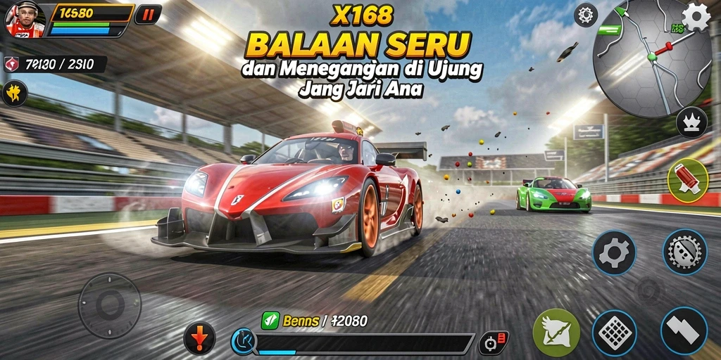 Screenshot utama X168 menampilkan gameplay balapan yang mendebarkan.